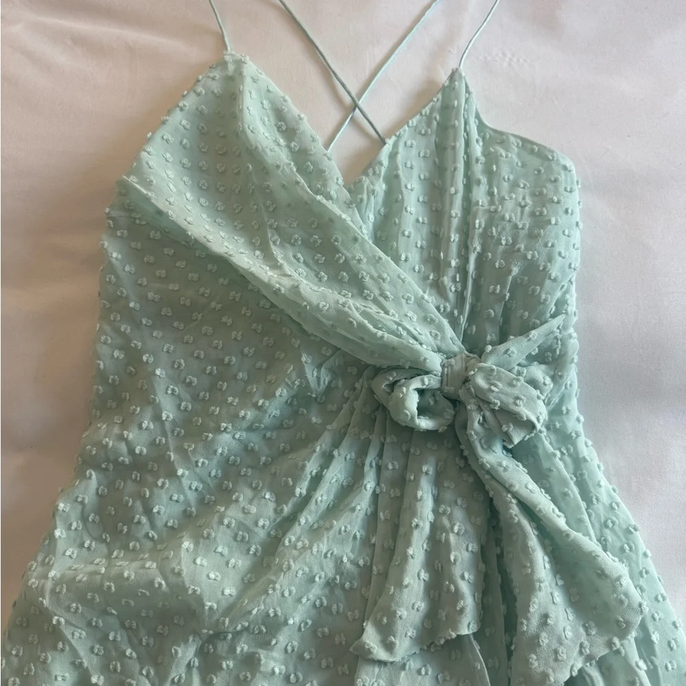 NWT Alice + Olivia Light Mint Blue Textured Wrap Mini Dress - Picture 4 of 6